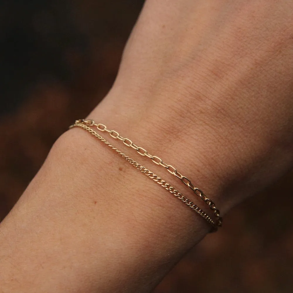 14k Extra Small Curb & Small Square Oval Link Double Chain Bracelet