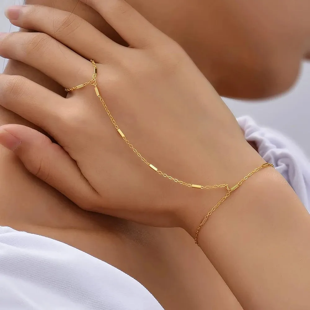 14K Gold Plated Stainless Steel Tassel Hand Chain Bracelet Finger