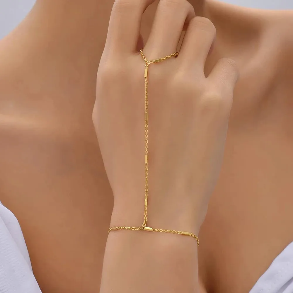 14K Gold Plated Stainless Steel Tassel Hand Chain Bracelet Finger