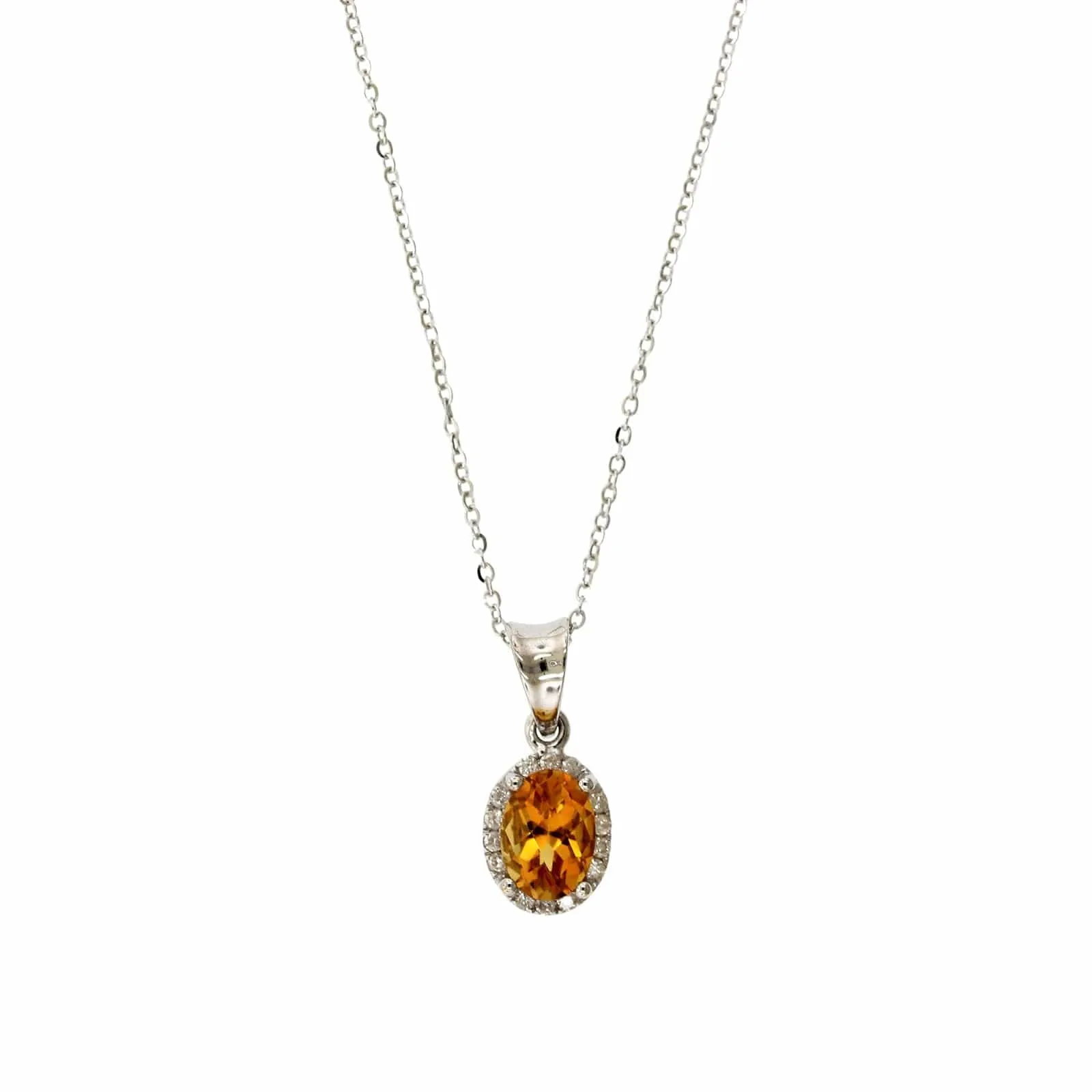 14K White Gold Oval Citrine Diamond Halo Necklace