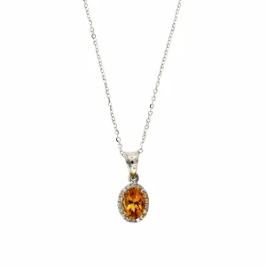 14K White Gold Oval Citrine Diamond Halo Necklace