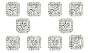 14k Yellow Gold Plated 2Ct Princess Cut White Sapphire Set of Five Halo Stud Earrings
