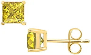 14k Yellow Gold Plated 4 Carat Princess Cut Created Yellow Sapphire Stud Earrings