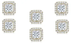 14k Yellow Gold Plated 4mm 2Ct Princess Cut White Sapphire Set of Three Halo Stud Earrings