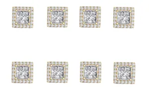 14k Yellow Gold Plated 4mm 4Ct Square Cut White Sapphire Set of Four Halo Stud Earrings