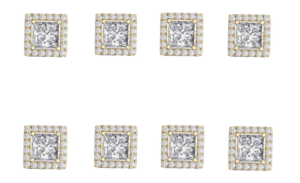 14k Yellow Gold Plated 4mm 4Ct Square Cut White Sapphire Set of Four Halo Stud Earrings