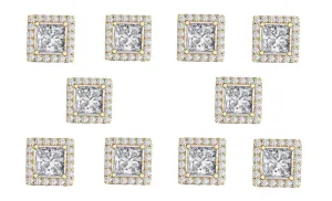 14k Yellow Gold Plated 6mm 1Ct Square Cut White Sapphire Set of Five Halo Stud Earrings