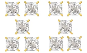 14k Yellow Gold Plated 6mm 1Ct Square Cut White Sapphire Set Of Five Stud Earrings