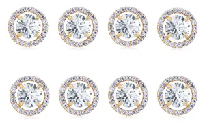 14k Yellow Gold Plated 6mm 3Ct Round White Sapphire Set Of Four Halo Stud Earrings