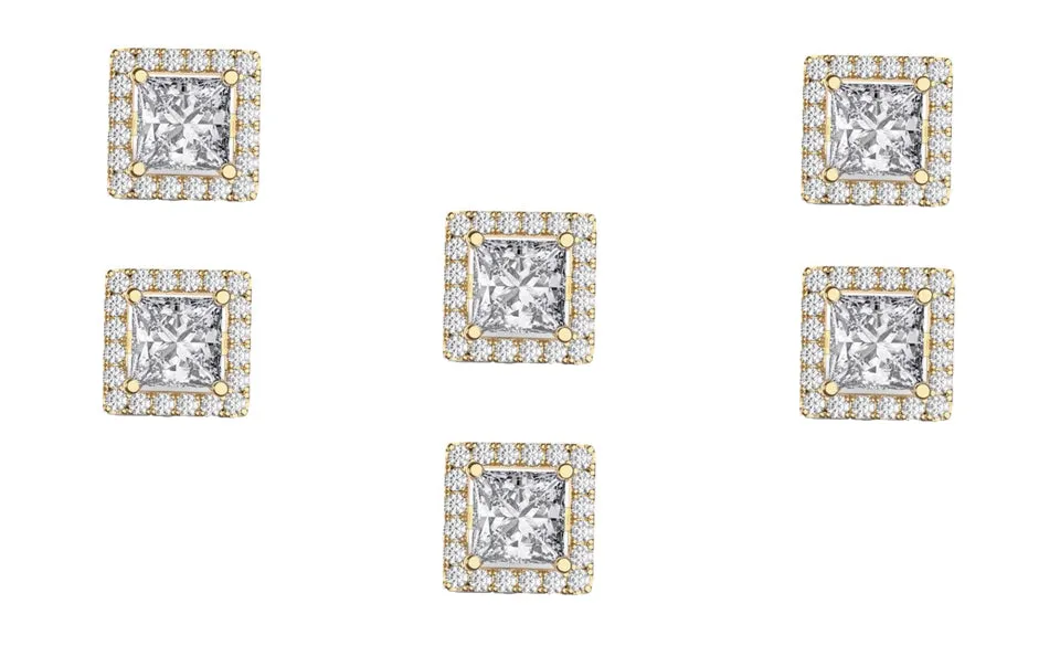 14k Yellow Gold Plated 6mm 3Ct Square Cut White Sapphire Set of Three Halo Stud Earrings