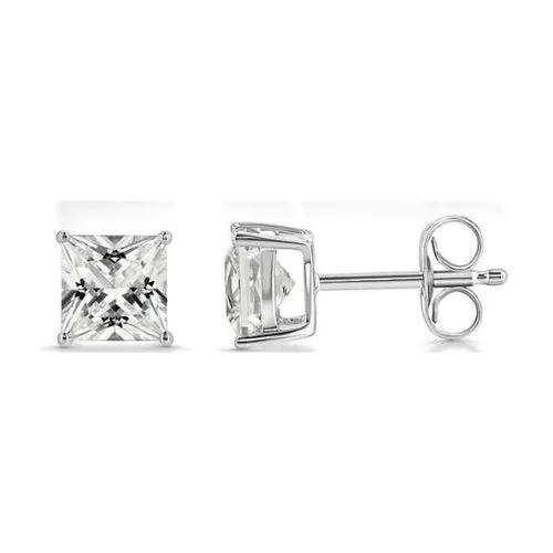 18k White Gold 2 Pair Moissanite Round & Princess Cut Stud Earrings Plated 6mm By Paris Jewelry