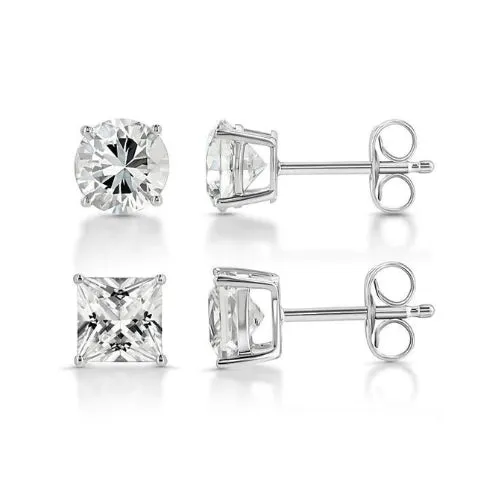 18k White Gold 2 Pair Moissanite Round & Princess Cut Stud Earrings Plated 6mm By Paris Jewelry