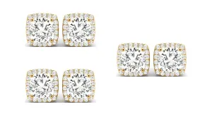 18k Yellow Gold 6mm 1Ct Cushion Cut White Sapphire Set Of Three Halo Stud Earrings Plated
