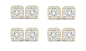 18k Yellow Gold 6mm 2Ct Cushion Cut White Sapphire Set Of Four Halo Stud Earrings Plated