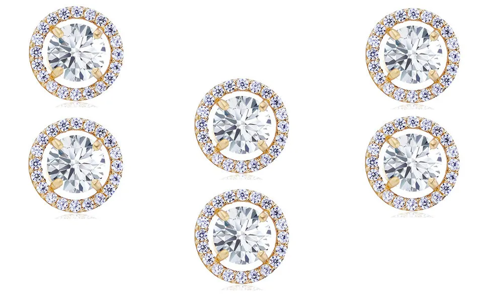 18k Yellow Gold Plated 1/2Ct Round White Sapphire Set of Three Halo Stud Earrings