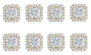 18k Yellow Gold Plated 3Ct Princess Cut White Sapphire Set of Four Halo Stud Earrings
