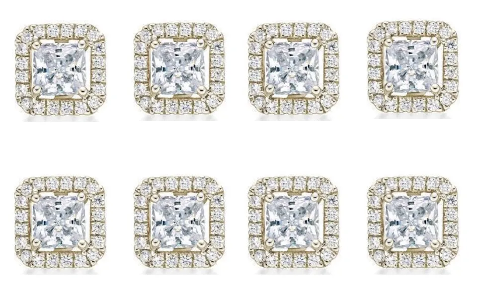 18k Yellow Gold Plated 3Ct Princess Cut White Sapphire Set of Four Halo Stud Earrings