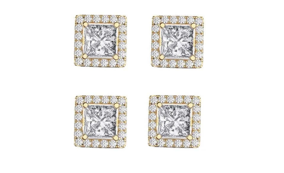 18k Yellow Gold Plated 4Ct Square Cut White Sapphire Set of Two Halo Stud Earrings