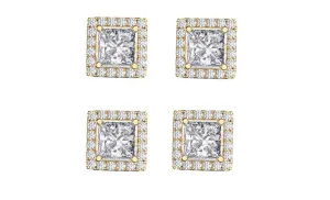 18k Yellow Gold Plated 4Ct Square Cut White Sapphire Set of Two Halo Stud Earrings