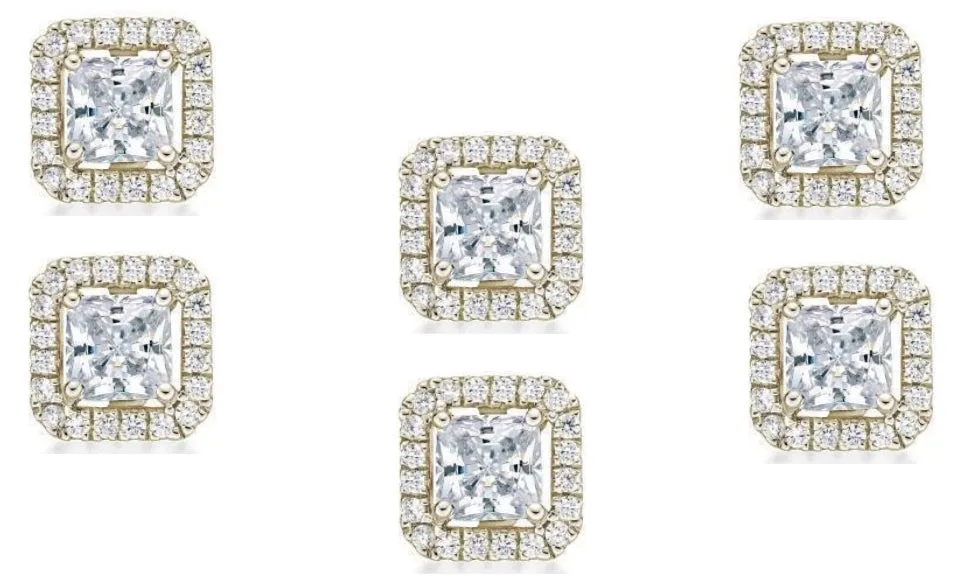 18k Yellow Gold Plated 4mm 1Ct Princess Cut White Sapphire Set of Three Halo Stud Earrings