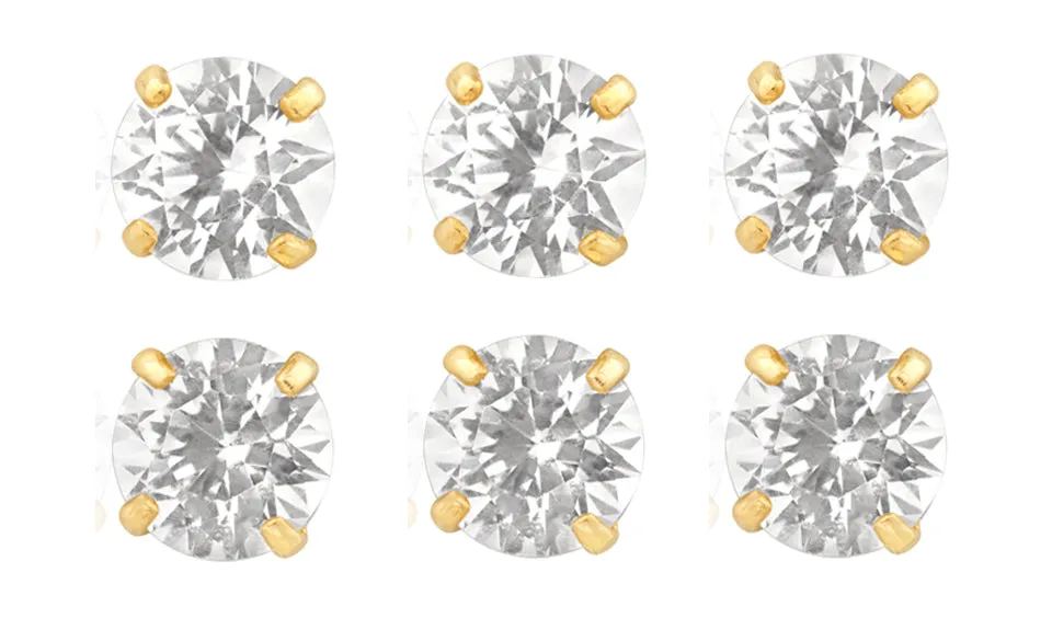 18k Yellow Gold Plated 4mm 1Ct Round White Sapphire Set Of Three Stud Earrings