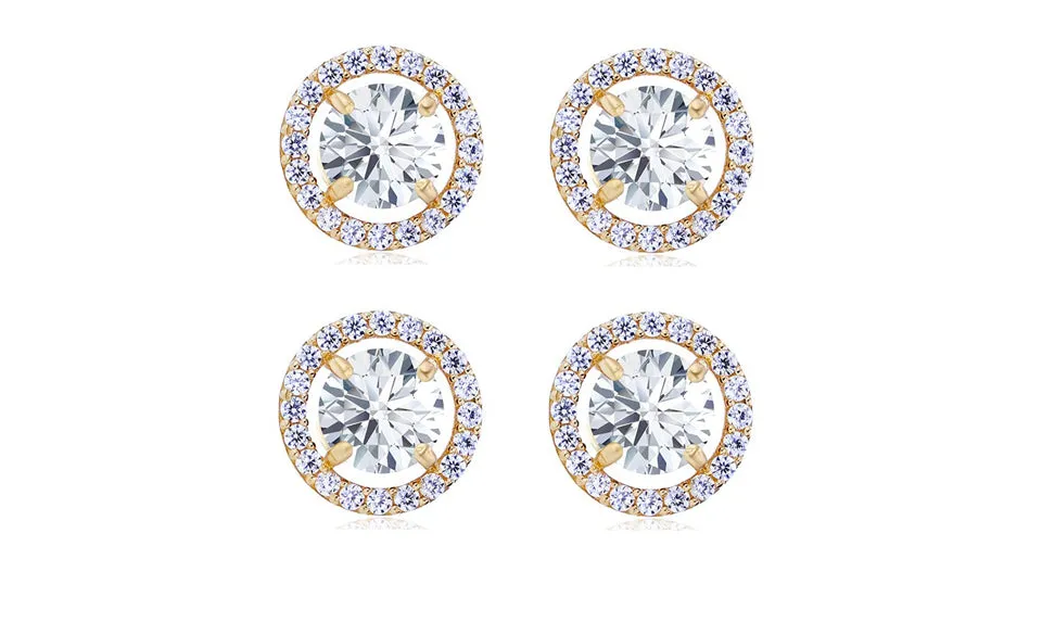 18k Yellow Gold Plated 6mm 1/2Ct Round White Sapphire Set of Two Halo Stud Earrings