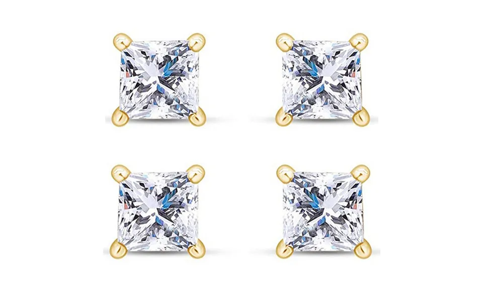 18k Yellow Gold Plated 6mm 4Ct Princess Cut White Sapphire Set Of Two Stud Earrings