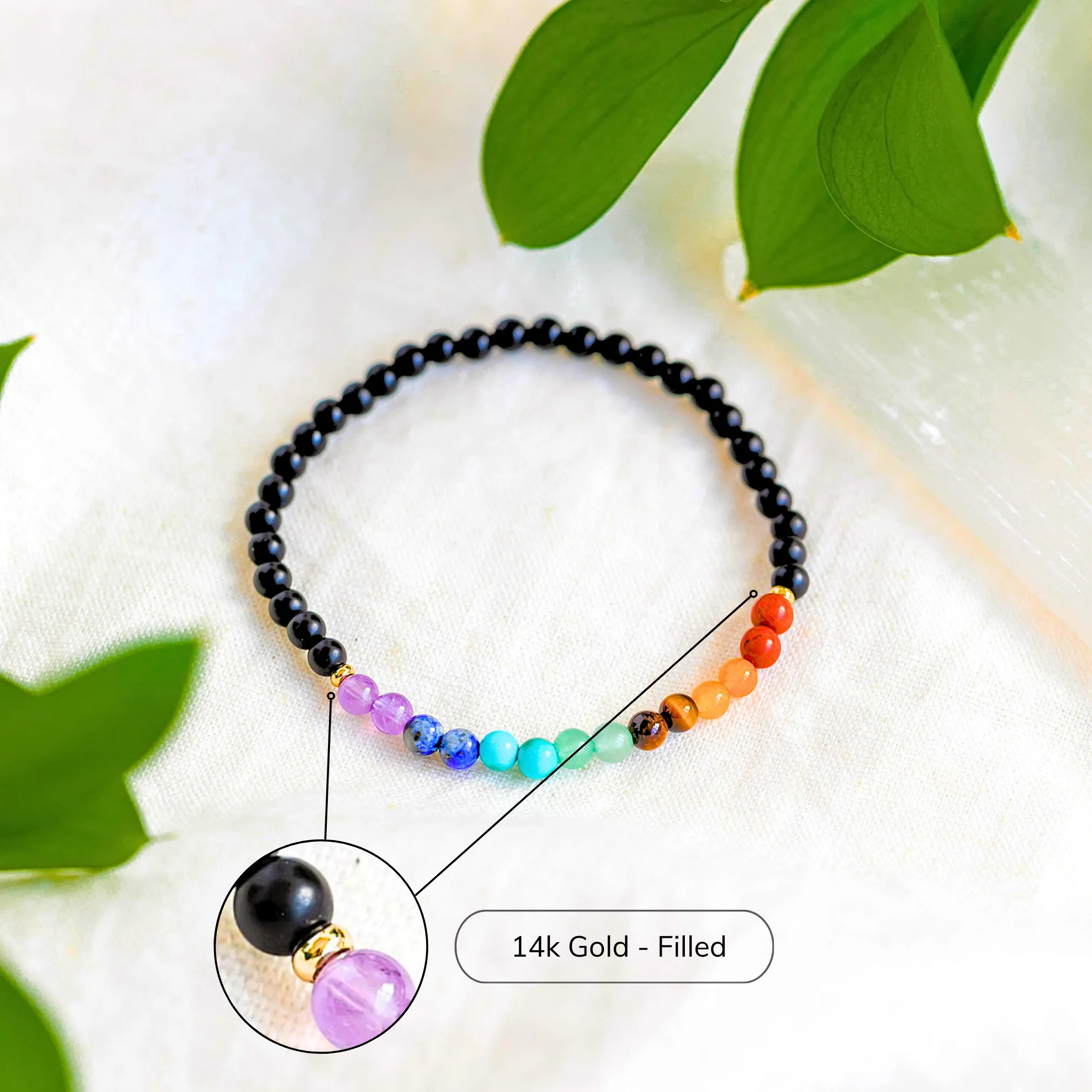 7 Chakra Healing Black Onyx Healing Crystal Energy Bracelet with 4mm Natural Gemstones and 14K Gold-Filled Hypoallergenic Beads