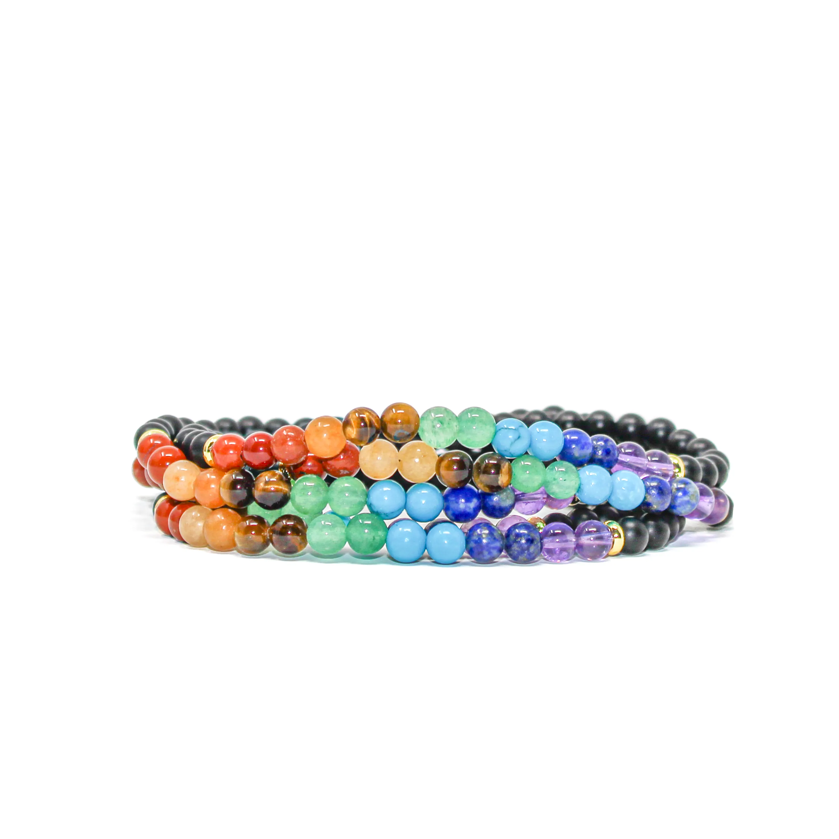 7 Chakra Healing Black Onyx Healing Crystal Energy Bracelet with 4mm Natural Gemstones and 14K Gold-Filled Hypoallergenic Beads
