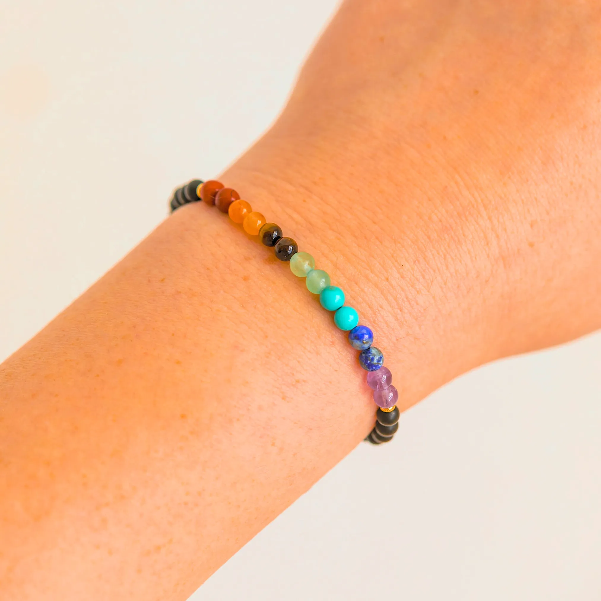7 Chakra Healing Black Onyx Healing Crystal Energy Bracelet with 4mm Natural Gemstones and 14K Gold-Filled Hypoallergenic Beads