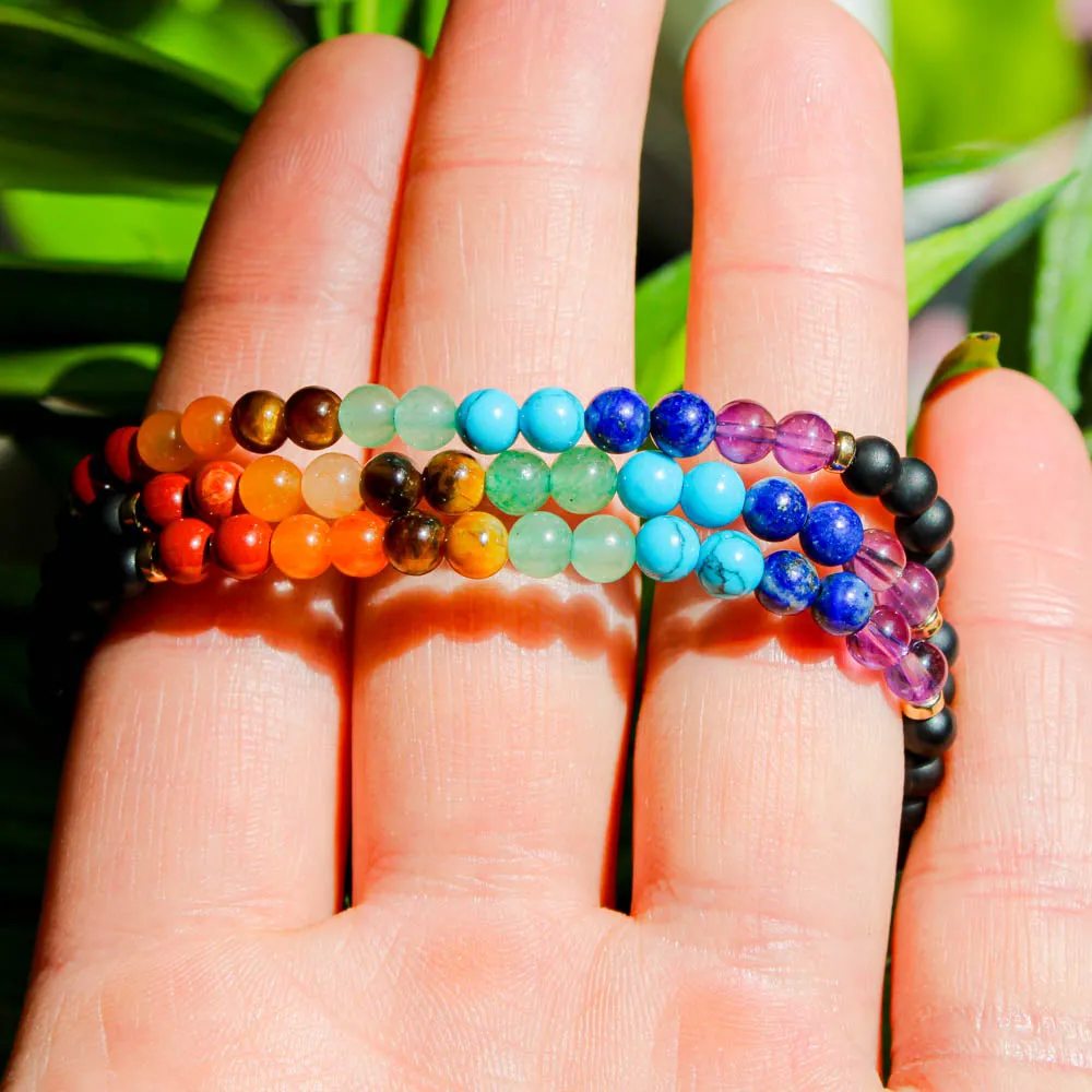 7 Chakra Healing Black Onyx Healing Crystal Energy Bracelet with 4mm Natural Gemstones and 14K Gold-Filled Hypoallergenic Beads