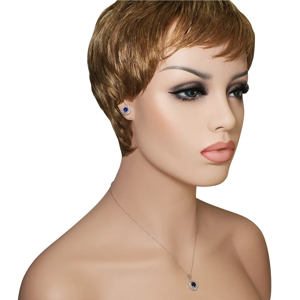 925 Sterling Silver Baguette-Cut Blue Sapphire-Tone CZ Round Stud Earrings Pendant Necklace Set