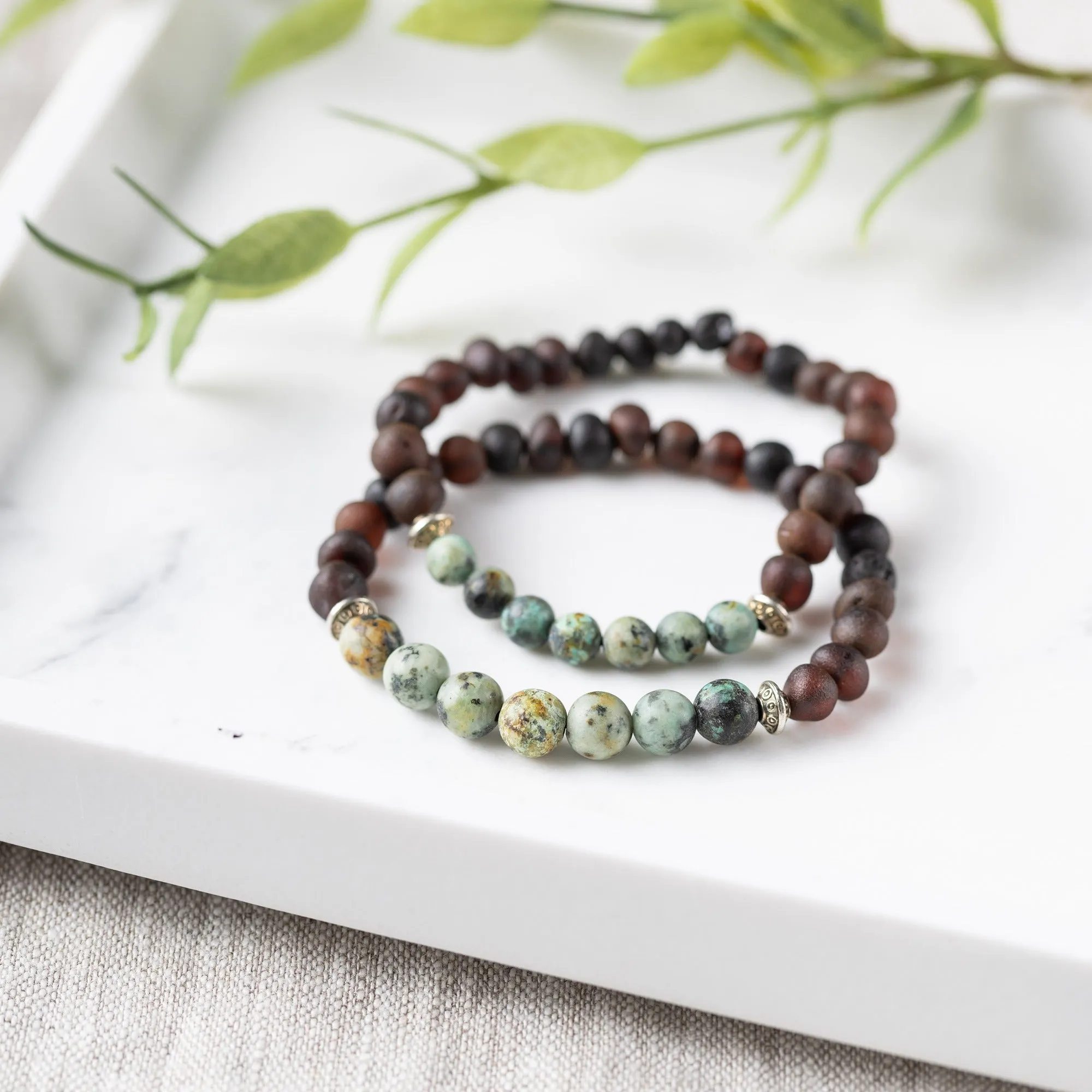 Adults | African Turquoise   Raw Cherry Amber Bracelet