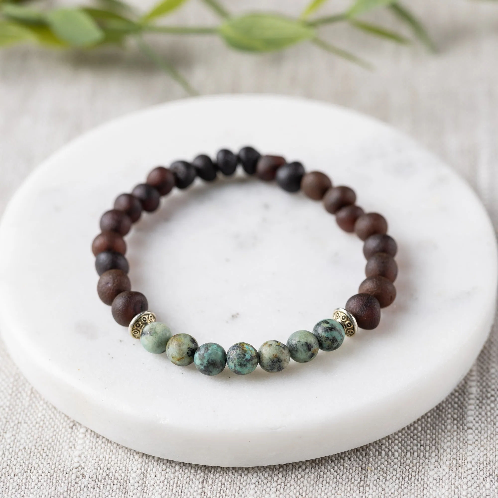 Adults | African Turquoise   Raw Cherry Amber Bracelet