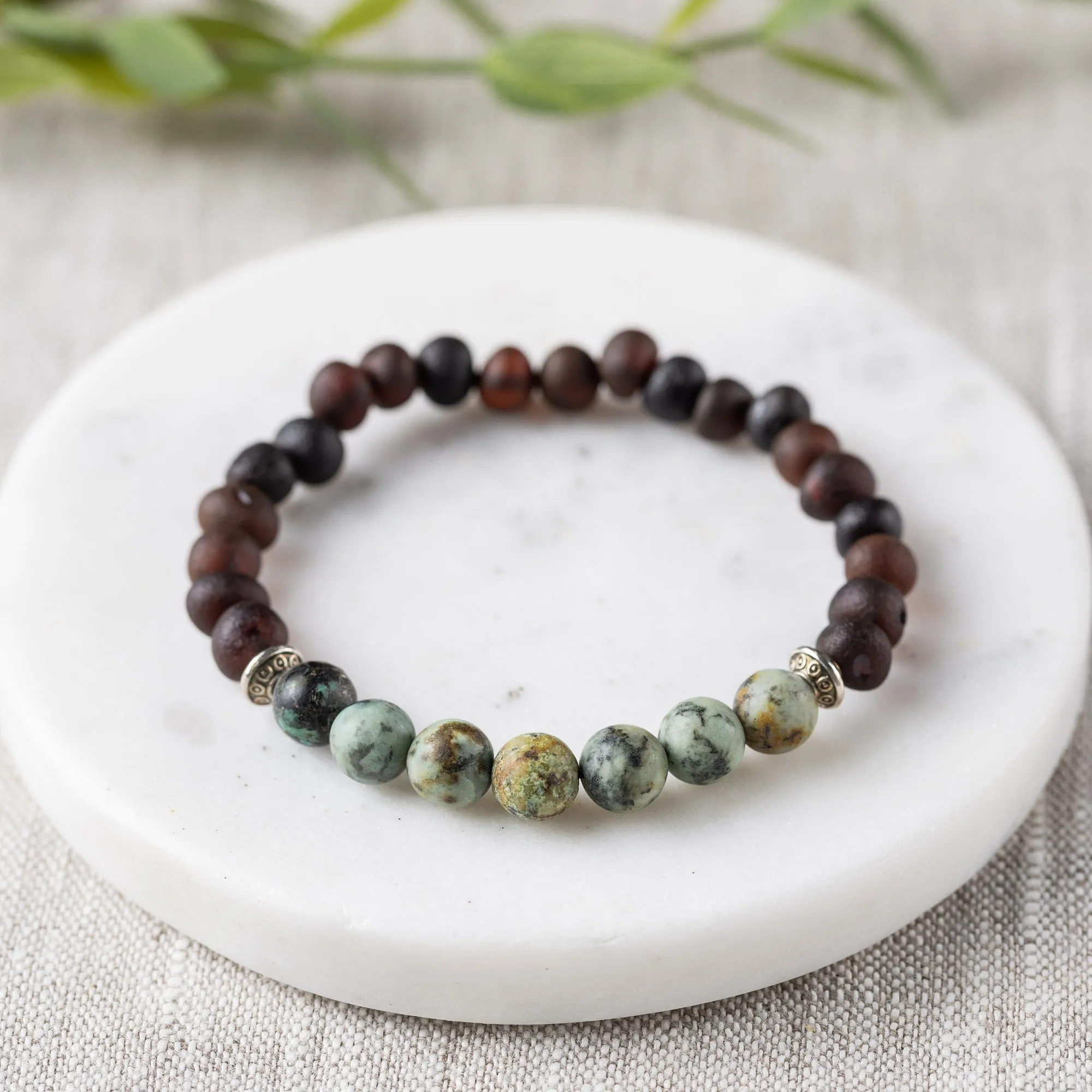 Adults | African Turquoise   Raw Cherry Amber Bracelet