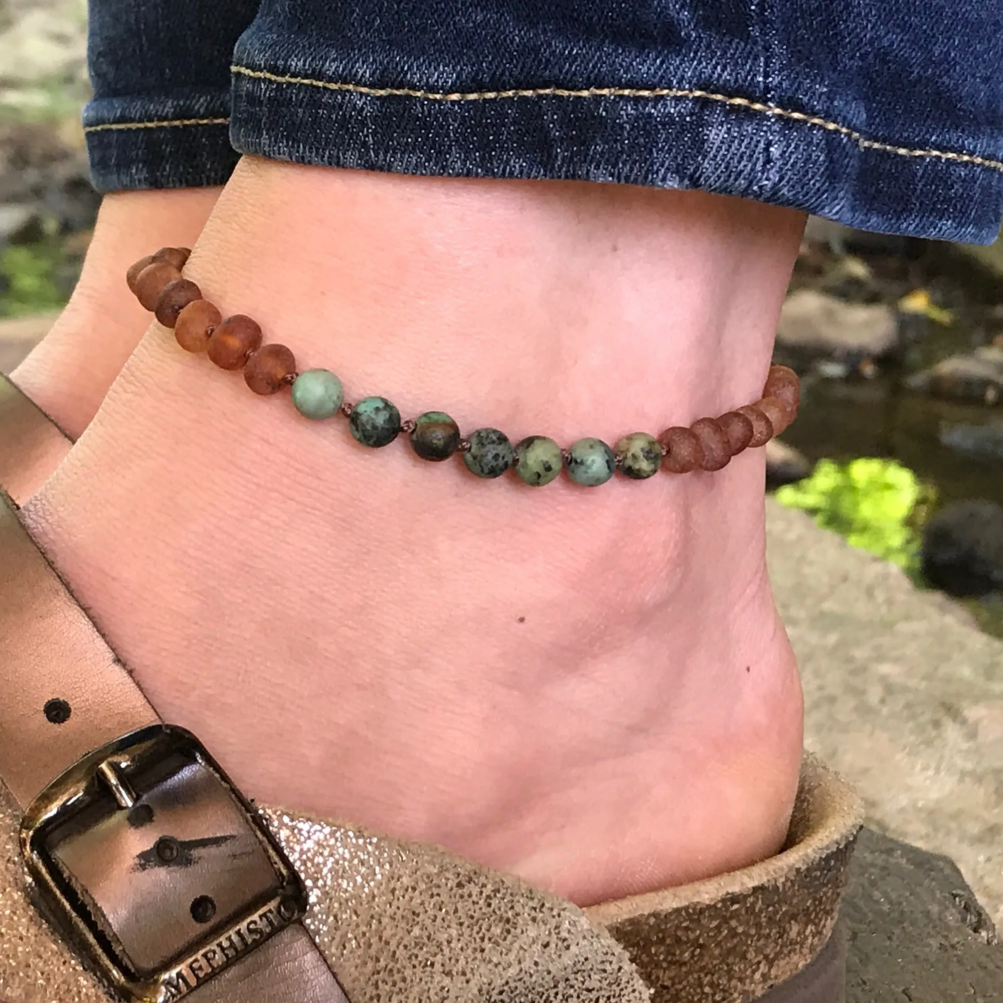 Adults | Turquoise   Cognac Amber Anklet