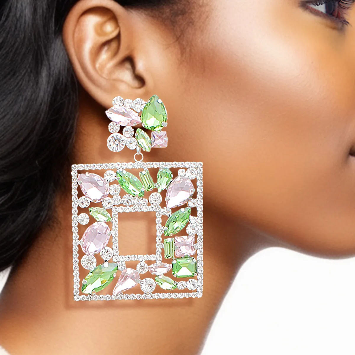 AKA Earrings Light Pink Green Alpha Kappa Alpha Inspired Crystal Square