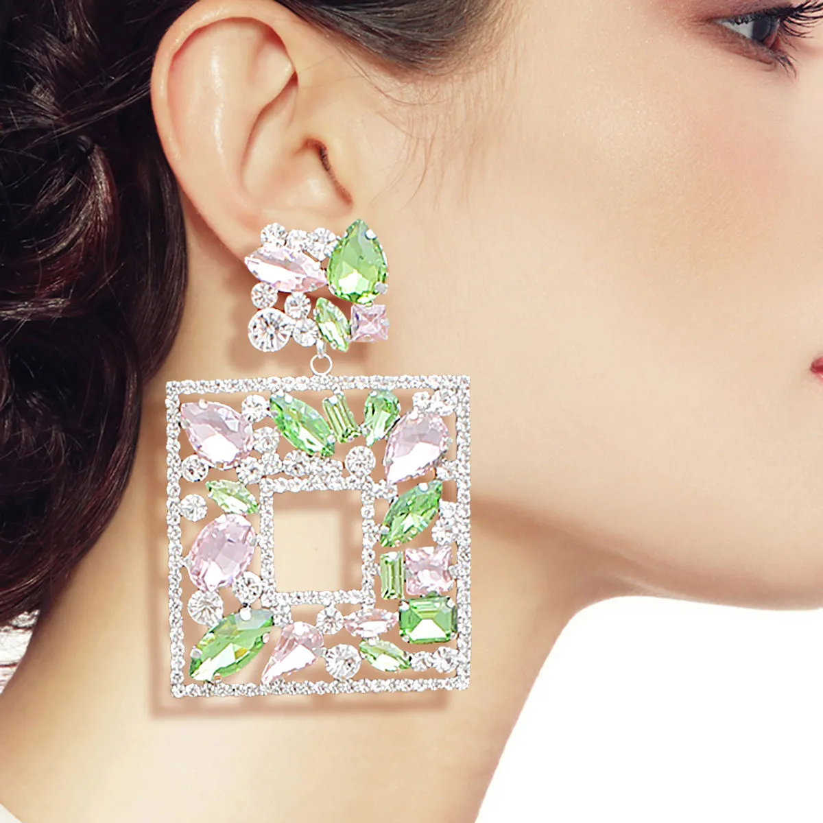 AKA Earrings Light Pink Green Alpha Kappa Alpha Inspired Crystal Square