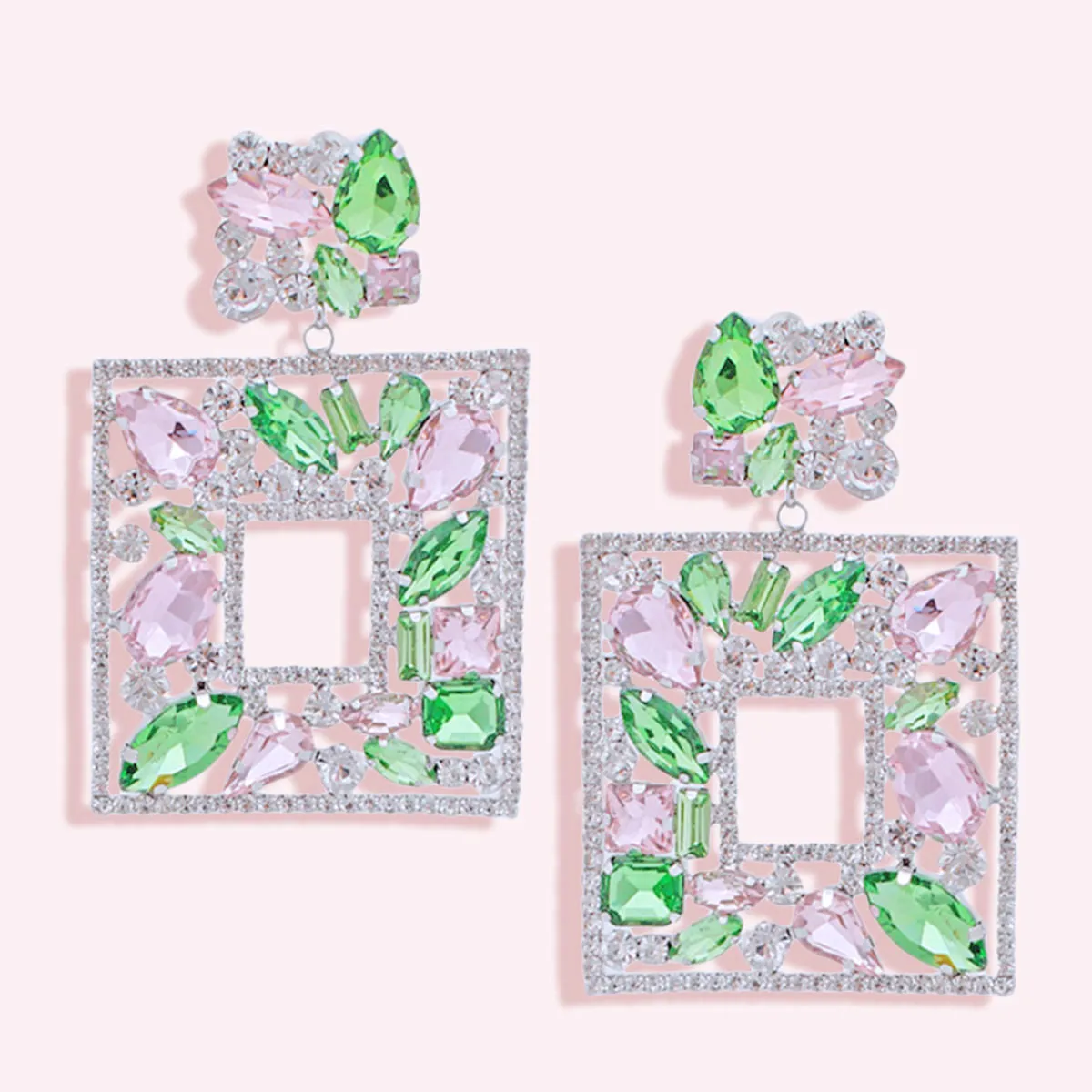 AKA Earrings Light Pink Green Alpha Kappa Alpha Inspired Crystal Square