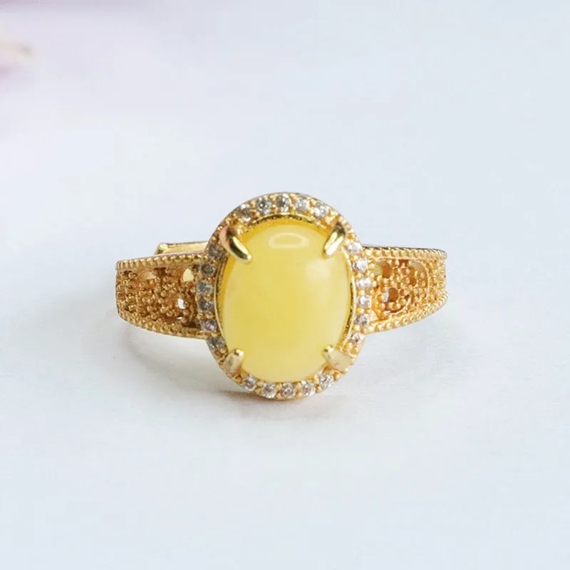 Amber Halo Sterling Silver Adjustable Ring