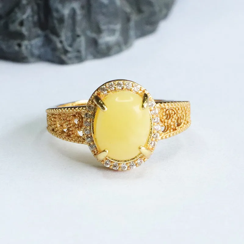 Amber Halo Sterling Silver Adjustable Ring