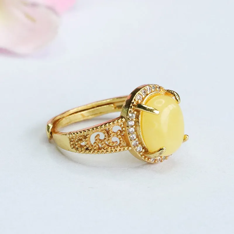 Amber Halo Sterling Silver Adjustable Ring