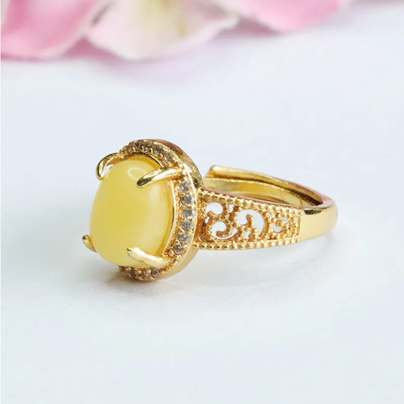 Amber Halo Sterling Silver Adjustable Ring