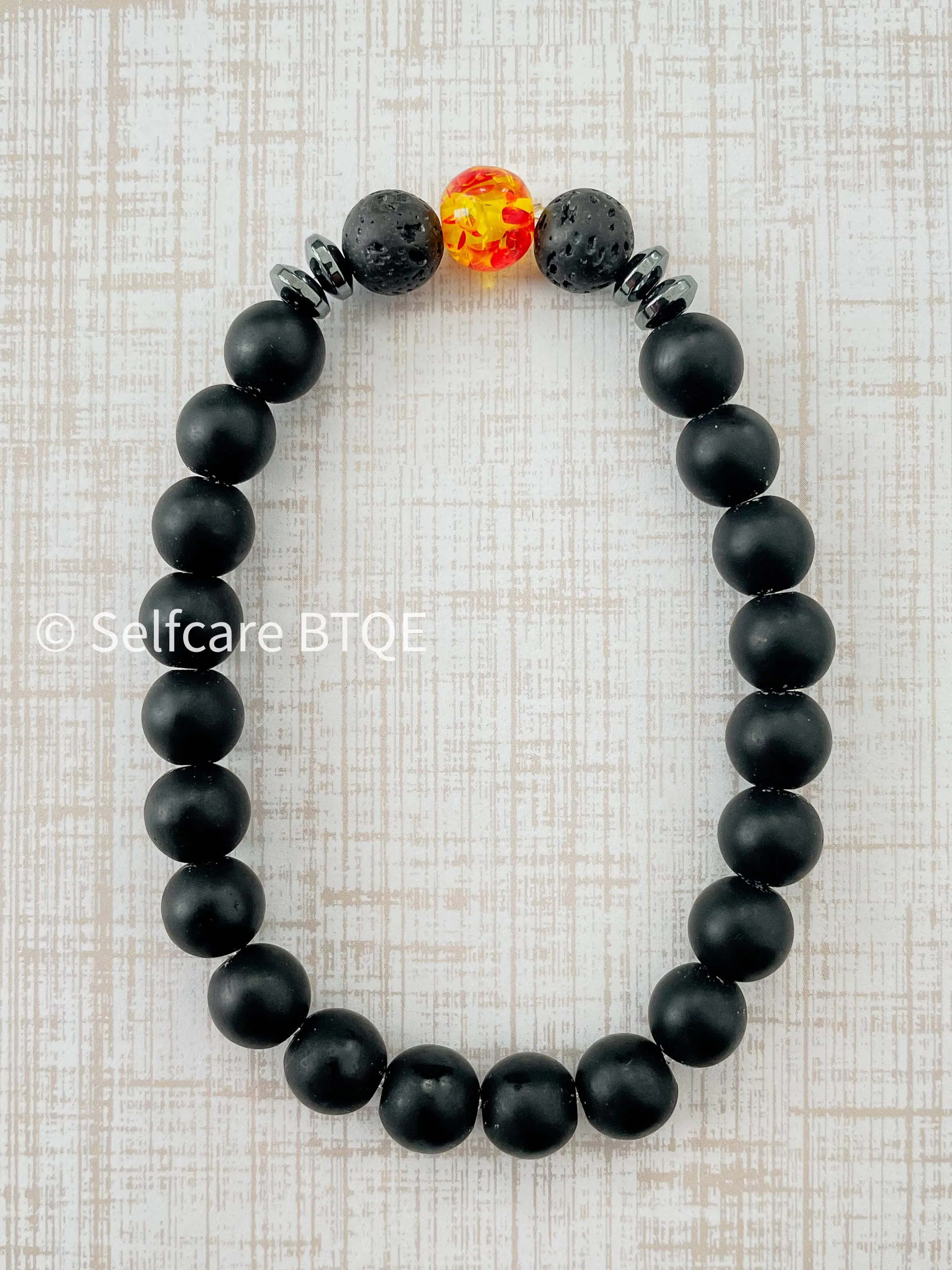 Amber Resin & Black Lava Stone Beaded Bracelet