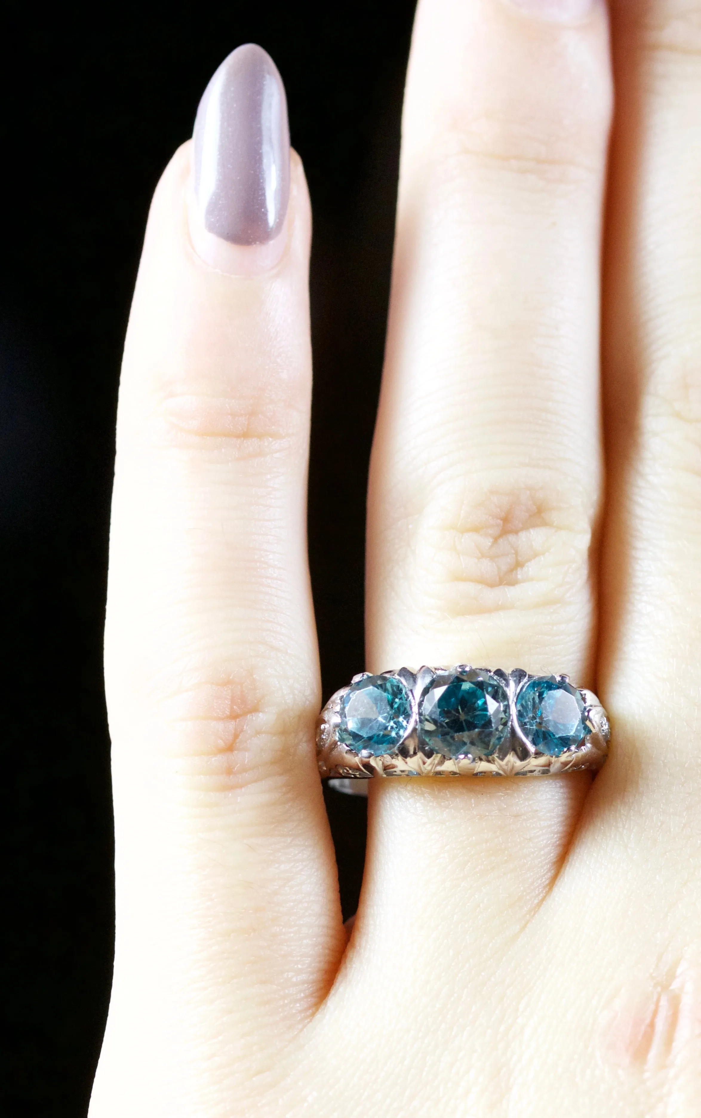 Antique Victorian Blue Zircon Trilogy Ring 9Ct White Gold Circa 1900