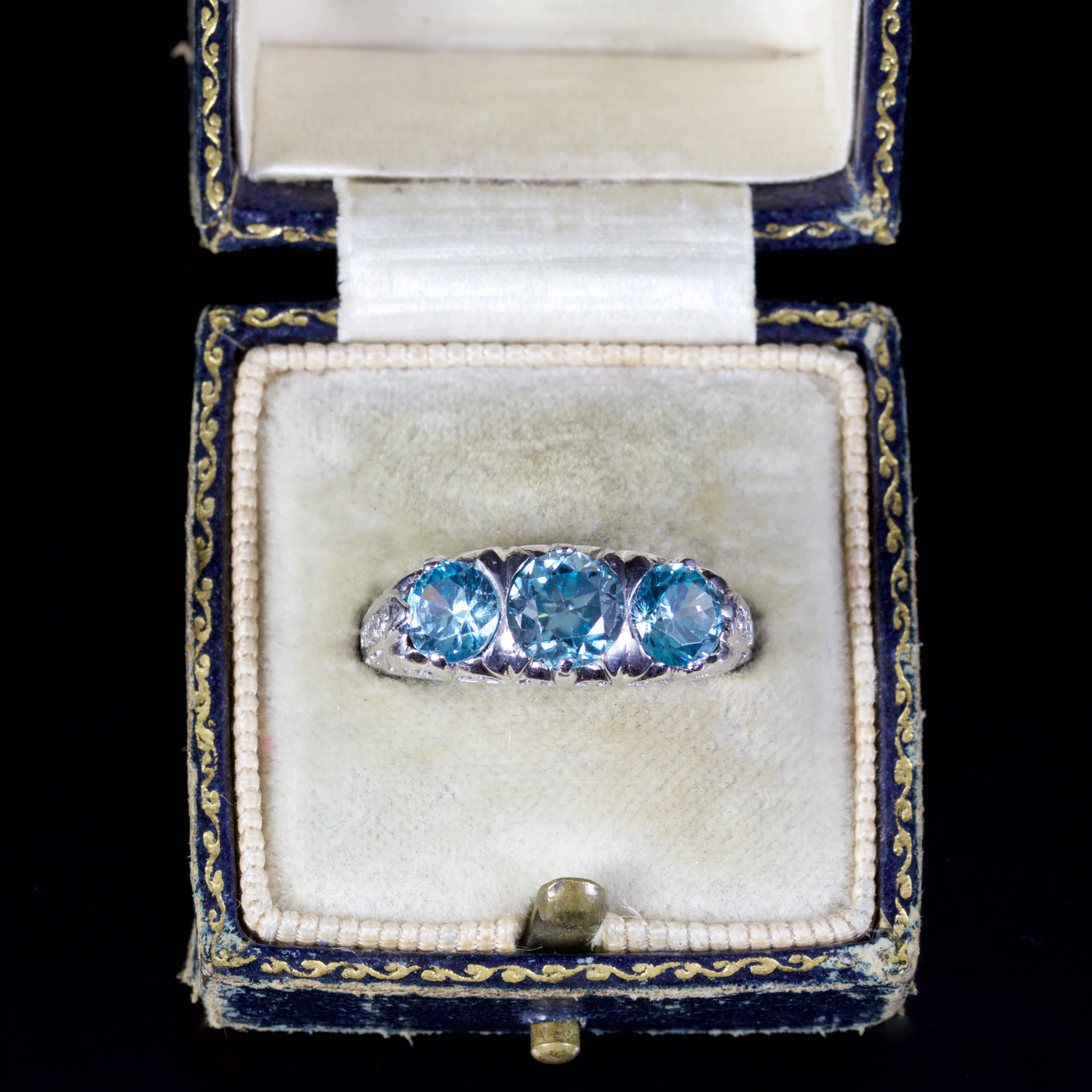 Antique Victorian Blue Zircon Trilogy Ring 9Ct White Gold Circa 1900