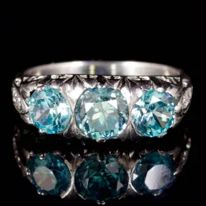 Antique Victorian Blue Zircon Trilogy Ring 9Ct White Gold Circa 1900