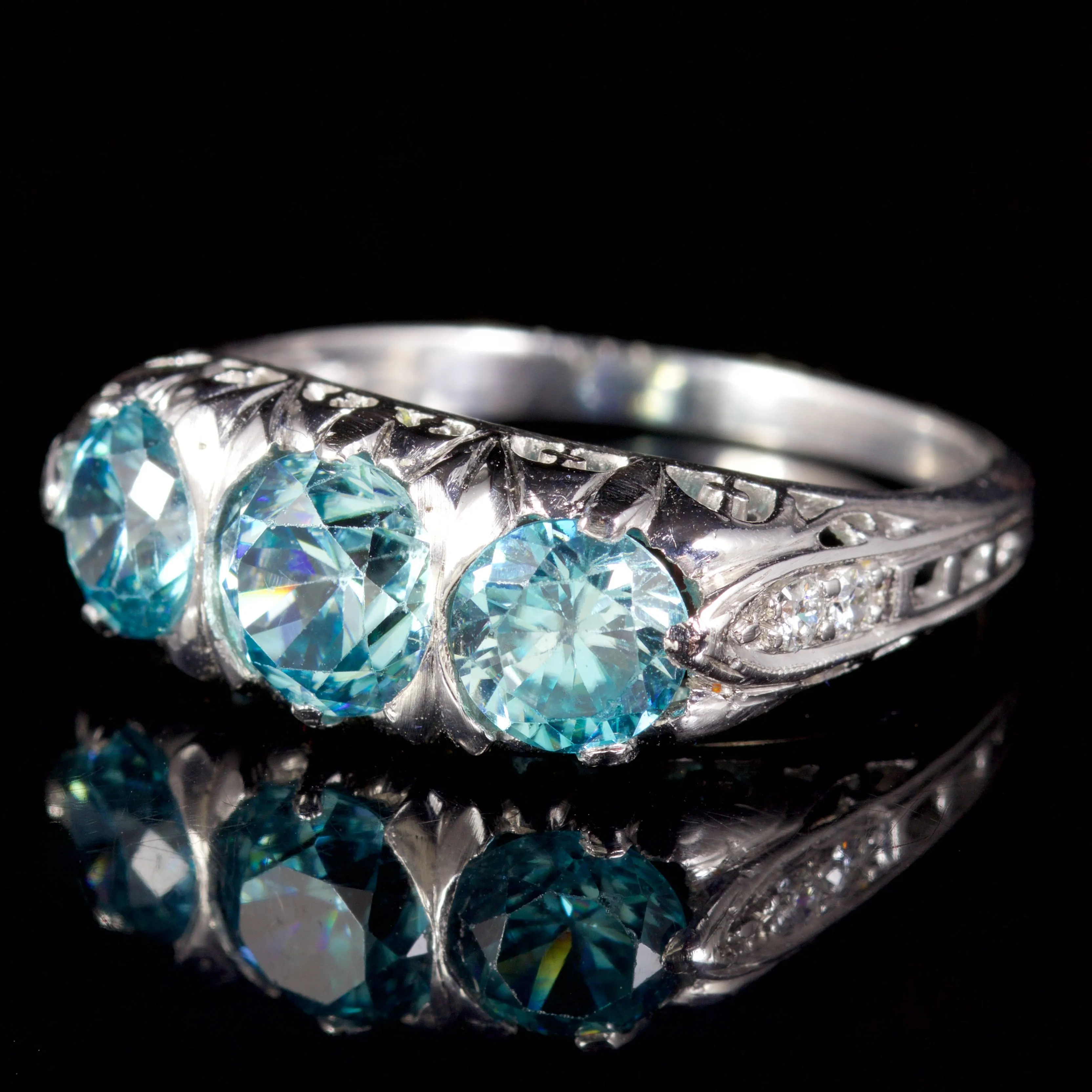 Antique Victorian Blue Zircon Trilogy Ring 9Ct White Gold Circa 1900
