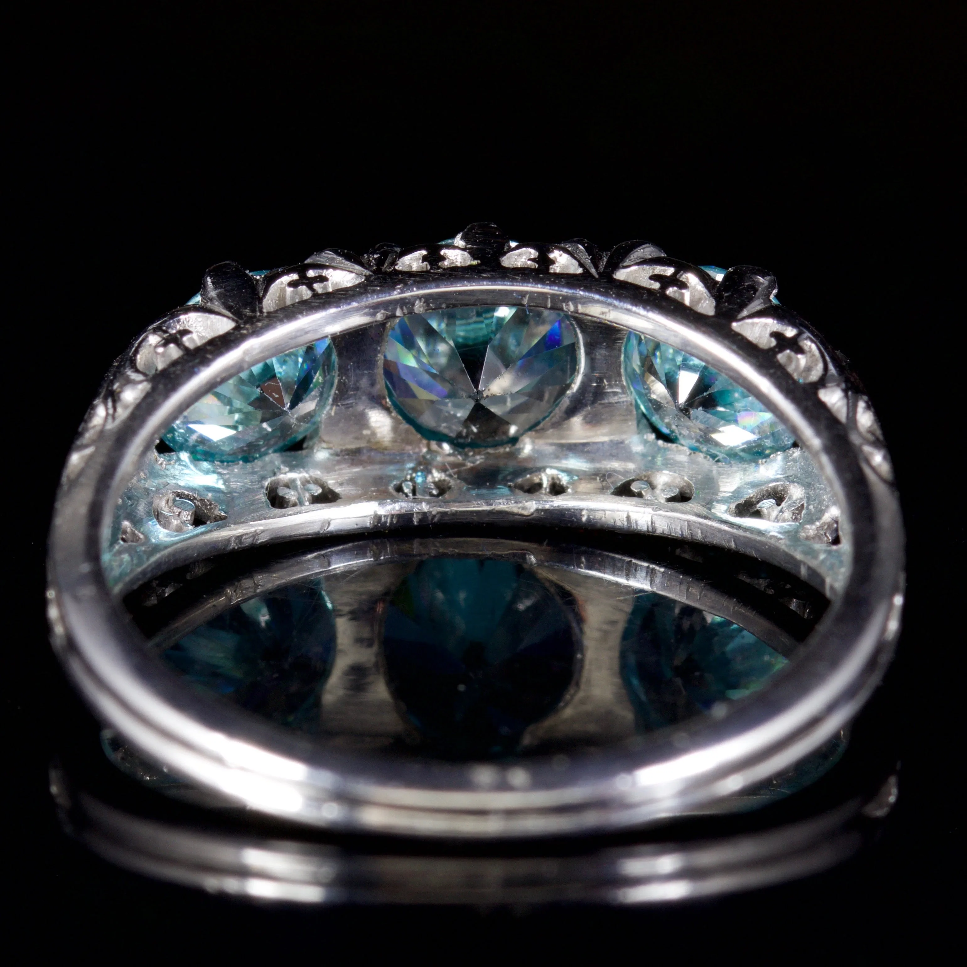Antique Victorian Blue Zircon Trilogy Ring 9Ct White Gold Circa 1900