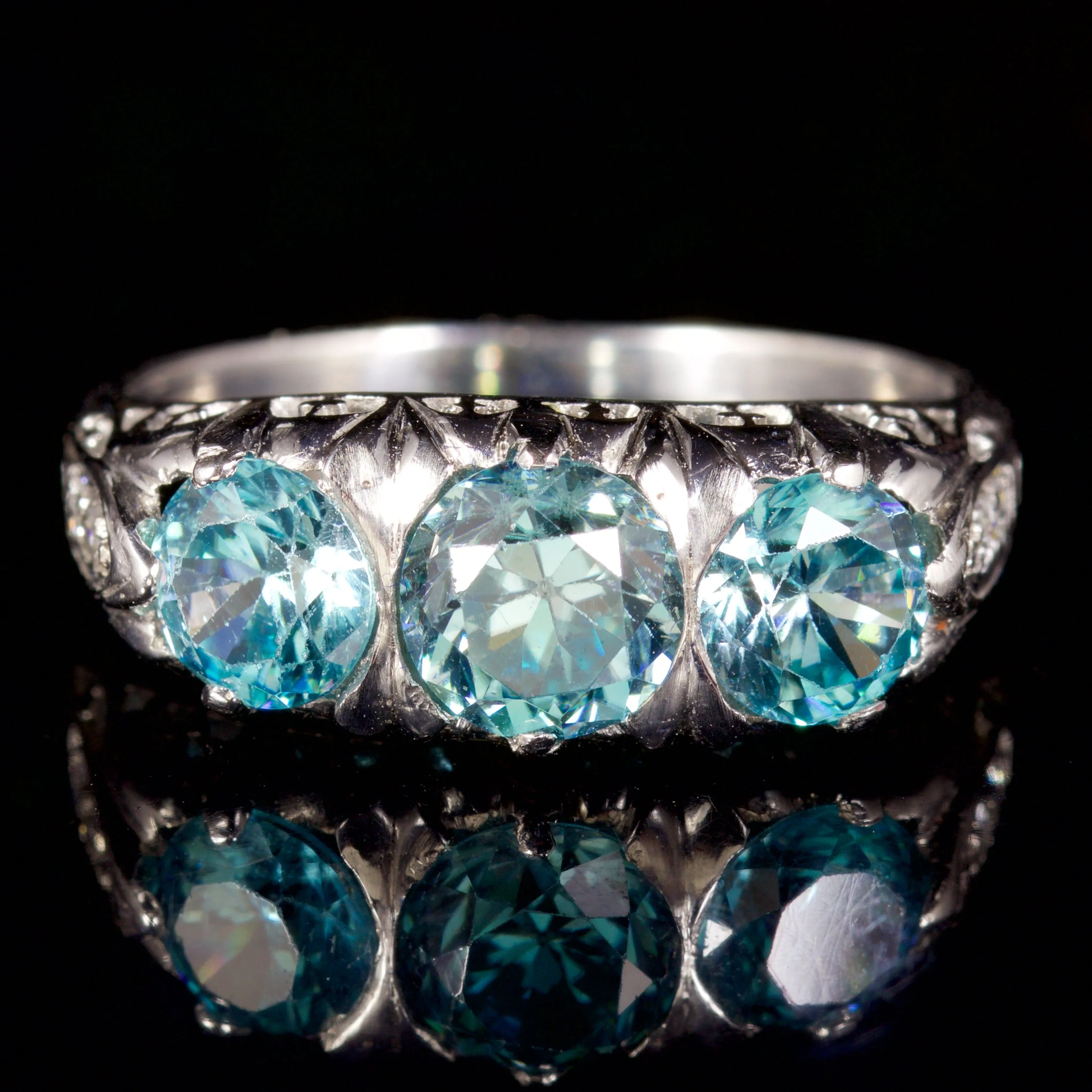 Antique Victorian Blue Zircon Trilogy Ring 9Ct White Gold Circa 1900